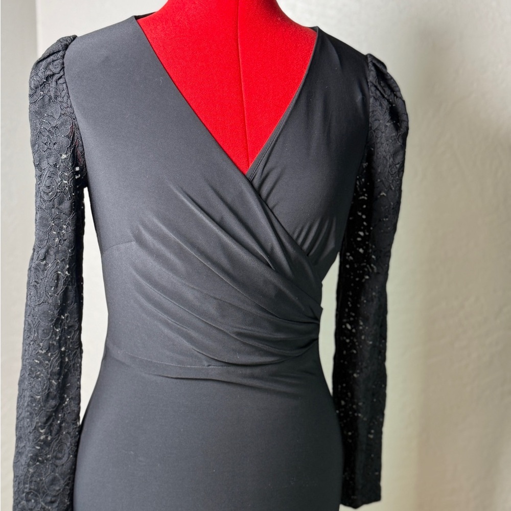 Lauren Ralph Lauren Black Wrap Sheath Dress Lace Long Sleeve Cocktail Size 0 - Picture 2 of 12